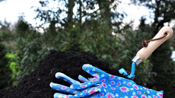 Compost with gardening tool and gloves