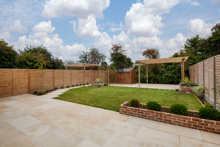 Landscaped new house gardens with patio